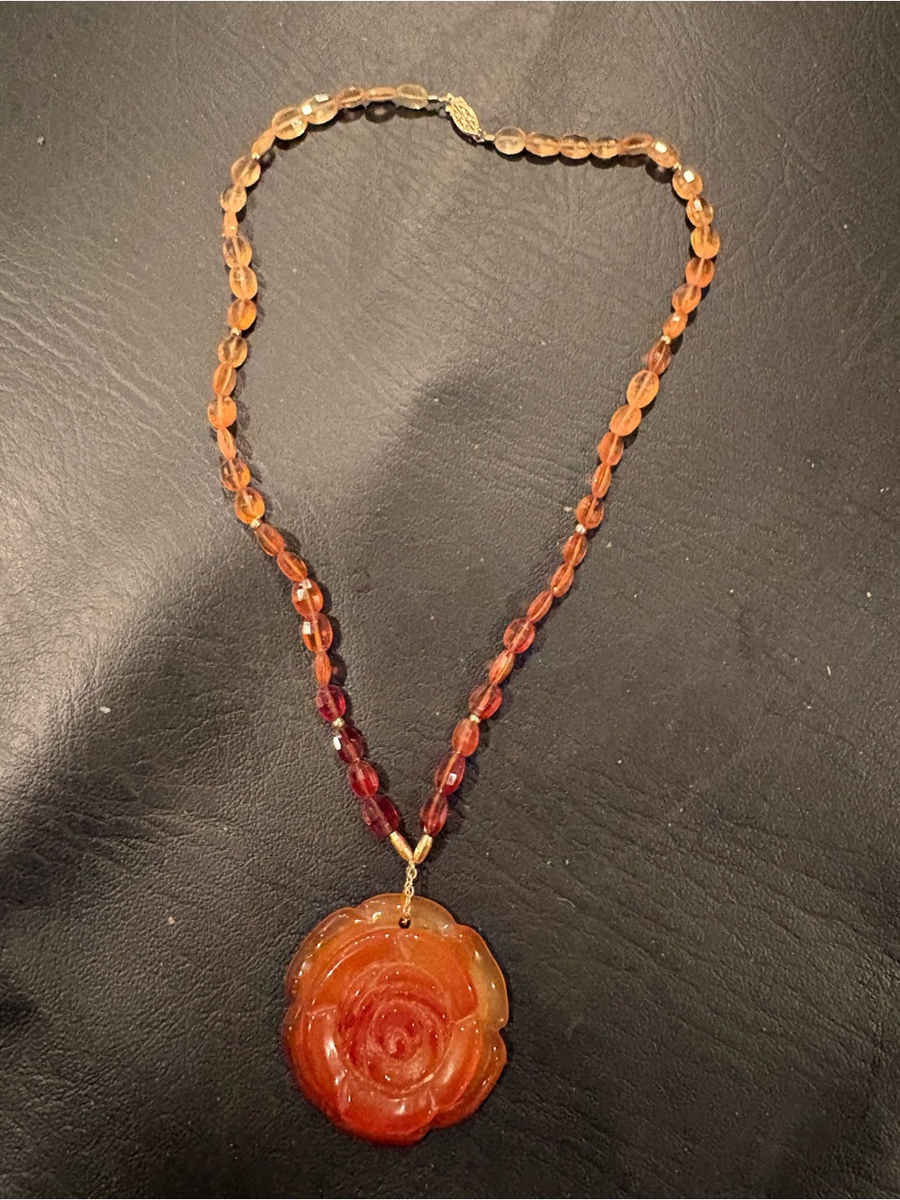 Carved Rose Pendant Necklace in Amber and Red